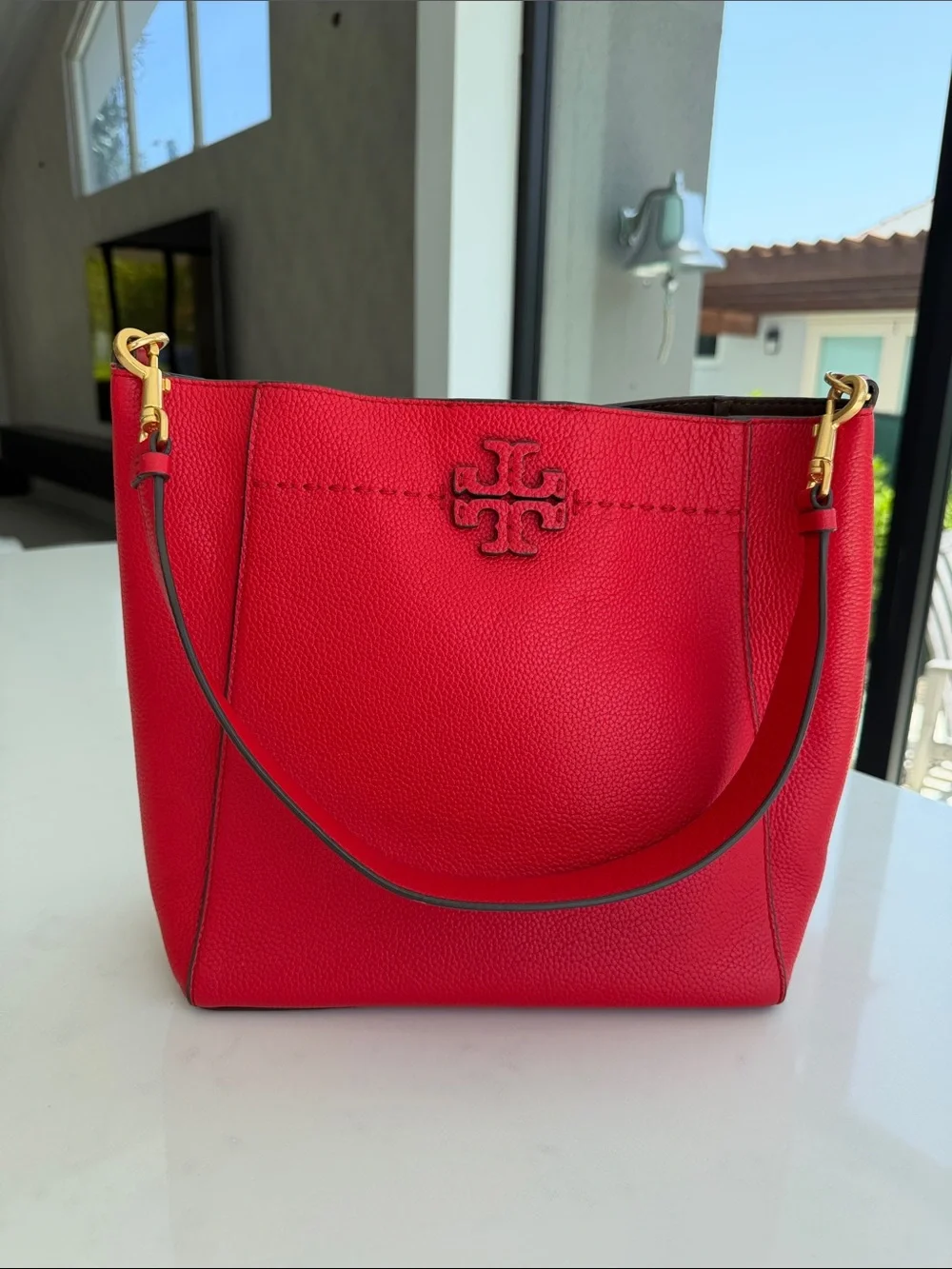 Tory Burch Red Pebble Leather Shoulder Bag with Gold Hardware